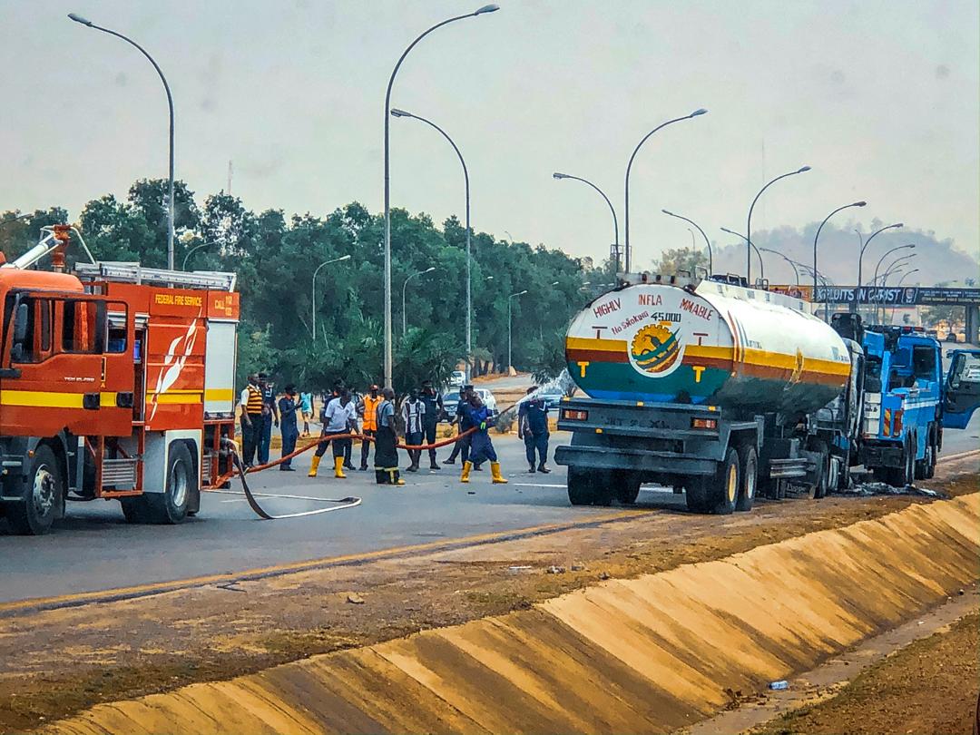 Firefighters try to put out fire from a fuel tanker at Wuye, in Abuja on March 10th, 2020. Photo: Sodiq Adelakun / Channels TV