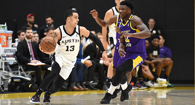 Angel Rodriguez #13 of the Austin Spurs handles the ball against Devontae Cacok #12 of the South Bay Lakers on March 11, 2020 at UCLA Heath Training Center in El Segundo, California. Adam Pantozzi / NBAE / Getty Images / AFP