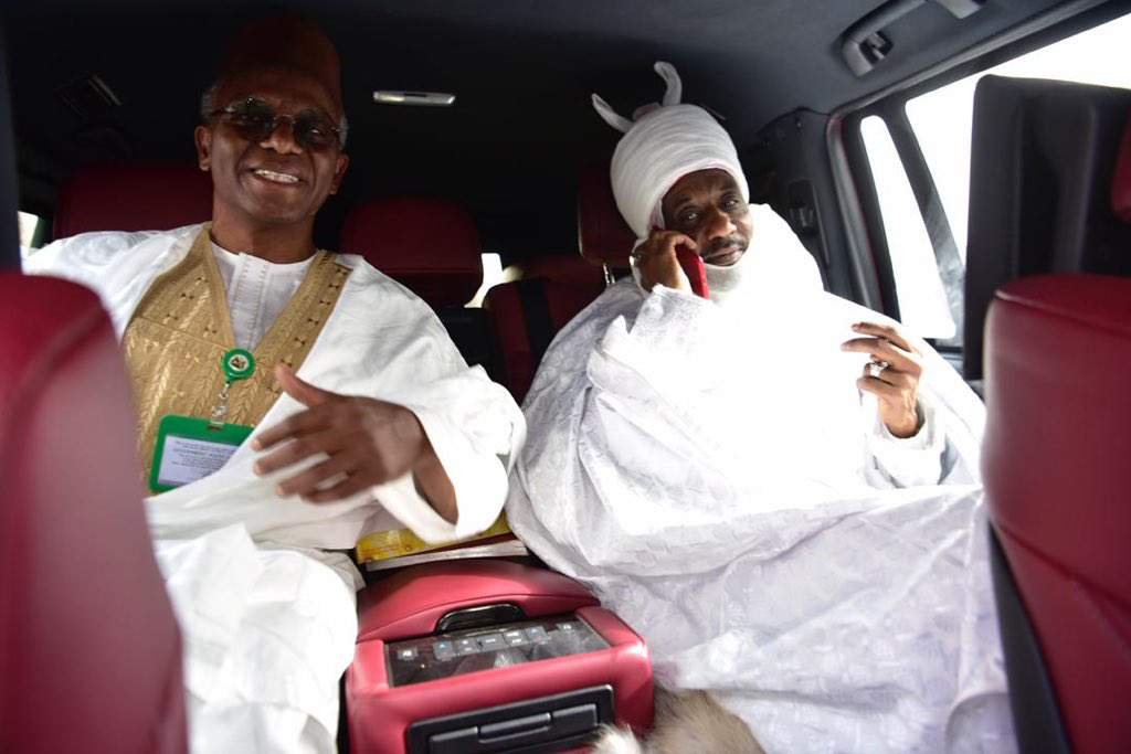 Kaduna State Governor, Nasir El-Rufai sits with deposed Emir of Kano, Muhammadu Sanusi in an automobile on Friday, March 13, 2020. Photo: Kaduna State House / Twitter