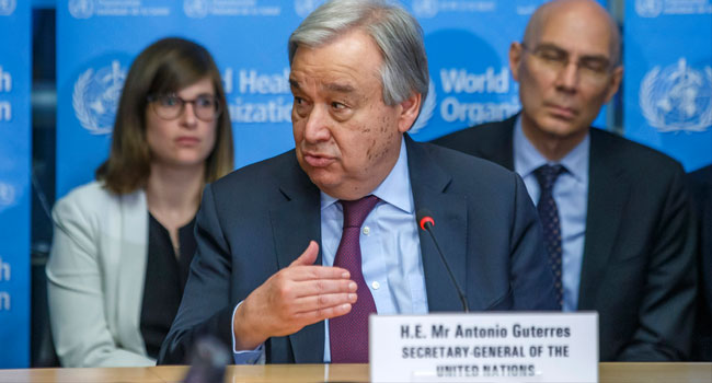 In this file photo taken on February 24, 2020 UN Secretary-General Antonio Guterres speaks during an update on the situation regarding the COVID-19 in the SHOC room (Strategic health operations centre) at the World Health Organization (WHO) headquarters in Geneva. SALVATORE DI NOLFI / POOL / AFP