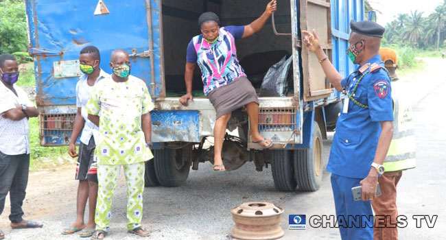 Some persons were apprehended inside a truck in Abia state amid a lockdown on April 24, 2020.