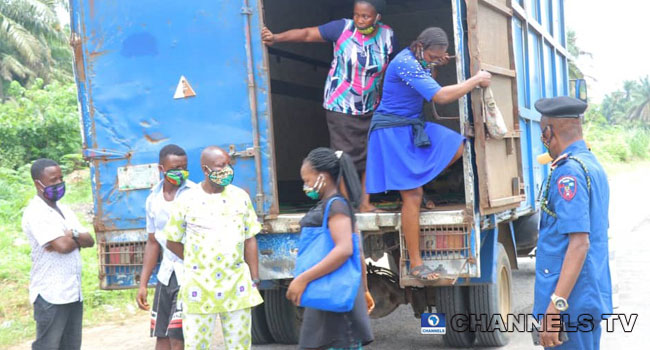 Some persons were apprehended inside a truck in Abia state amid a lockdown on April 24, 2020.