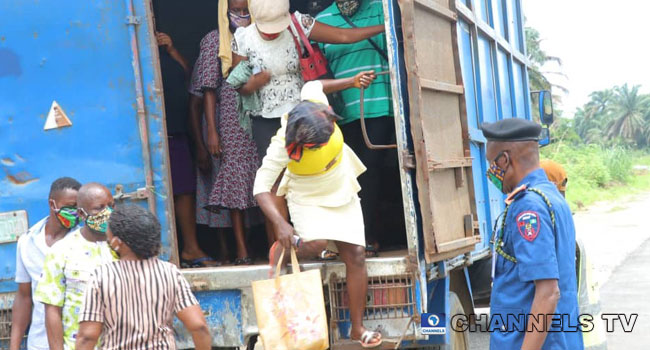 Some persons were apprehended inside a truck in Abia state amid a lockdown on April 24, 2020.