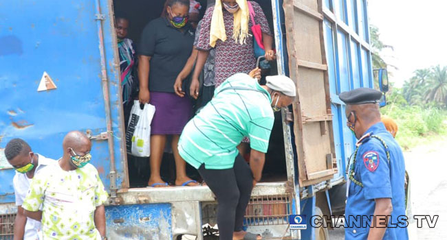 Some persons were apprehended inside a truck in Abia state amid a lockdown on April 24, 2020.