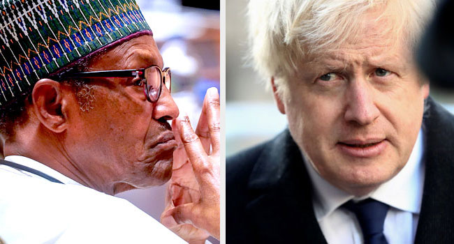 A photo combination of President Muhammadu Buhari and British Prime Minister, Boris Johnso.