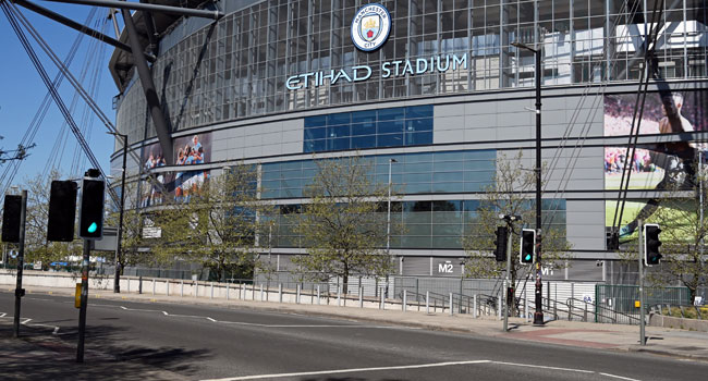 The Etihad Stadium complex, home to English Premier League football team Manchester City, is pictured in Mancheser, northen England on April 21, 2020, as life in Britain continues during the nationwide lockdown to combat the novel coronavirus pandemic. Paul ELLIS / AFP