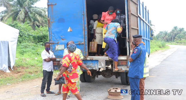 Some persons were apprehended inside a truck in Abia state amid a lockdown on April 24, 2020.