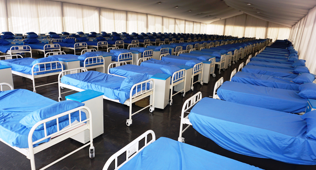 Rows of beds inside the male section at a COVID-19 coronavirus isolation centre at the Sani Abacha stadium in Kano, Nigeria, on April 7, 2020. AMINU ABUBAKAR / AFP