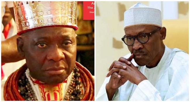 A photo combination of the Olu of Warri, Ogiame Ikenwoli and President Muhammadu Buhari created on April 21, 2020.