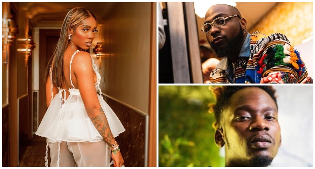 A photo combination of pop stars Tiwa Savage, Davido, and Mr Eazi.