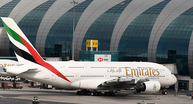 A file photo of an Emirates airline plane. The returning Nigerians are expected to arrive via an Emirates flight.