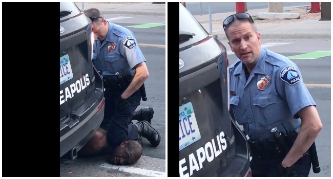 These images taken on May 25, 2020, from a video courtesy of Darnella Frazier via Facebook, shows Minneapolis police officer Derek Chauvin during the arrest of George Floyd. Darnella Frazier / Facebook/Darnella Frazier / AFP