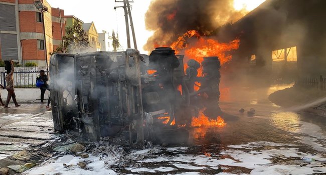 One Killed, Several Injured As Tanker Bursts Into Flames At Obalende