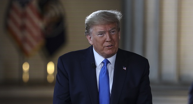 WASHINGTON, DC - MAY 03: President Donald Trump speaks with news anchor Bret Baier during a Virtual Town Hall inside of the Lincoln Memorial on May 3, 2020 in Washington, DC. Oliver Contreras-Pool/Getty Images/AFP.