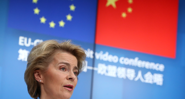 European Commission President Ursula von der Leyen speaks during a news conference with European Council President (not seen) following a virtual summit with Chinese President in Brussels, on June 22, 2020. YVES HERMAN / POOL / AFP