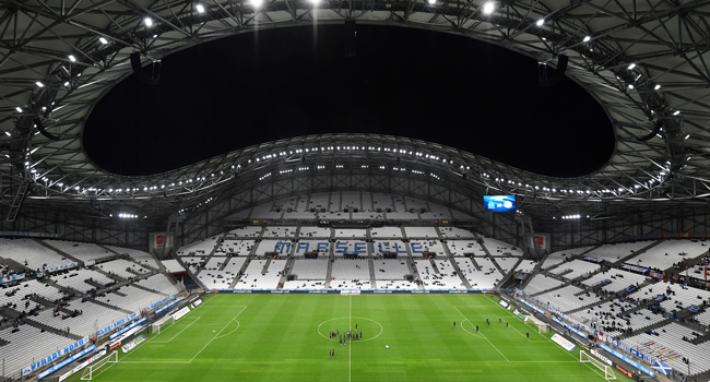 This file photo taken on October 20, 2019 shows the Velodrome Stadium prior to the French L1 football match between Olympique de Marseille (OM) and Racing Club de Strasbourg Alsace (RCS) in Marseille, southern France. Boris HORVAT / AFP