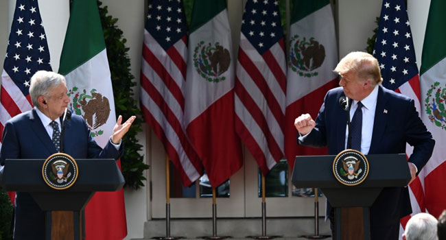 US President Donald Trump and Mexican President Andres Manuel Lopez Obrador hold a joint press conference in the Rose Garden of the White House on July 8, 2020, in Washington, DC. JIM WATSON / AFP