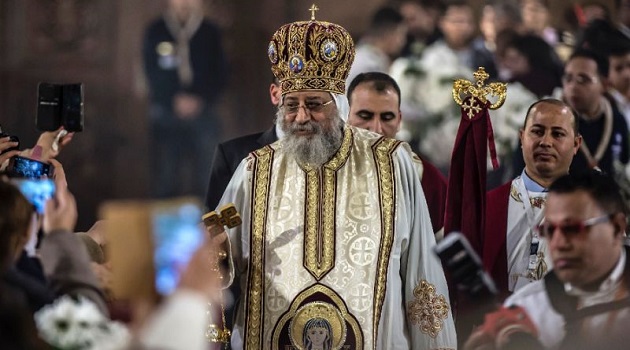 The head of Egypt’s Coptic Church, Pope Tawadros II, at the Nativity of Christ Cathedral east of Cairo on January 6, 2018 (AFP Photo/KHALED DESOUKI)