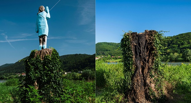 (COMBO) This combination of pictures created on July 07, 2020 shows (Left) a file photo taken on July 5, 2019 of what conceptual artist Ales 'Maxi' Zupevc claims is the first ever monument of Melania Trump, set in the fields near town of Sevnica, US First Ladys hometown, and (Right) a photo taken on July 7, 2020, showing the charred remains of a tree trunk that once acted as a plinth to the wooden statue of Melania Trump seen in a field near town of Sevnica. - After Melania cake, Melania honey, and even Melania slippers, the Slovenian hometown of the US's first lady will now boast a statue of its most famous daughter -- albeit one which has faced decidedly mixed reviews. The life-size statue on the outskirts of Sevnica was inaugurated on July 5, 2019. The statue was set on fire by unknown perpetrators on July 5, 2020, a year after the official inaugural celebrations. (Photos by Jure Makovec / AFP) /