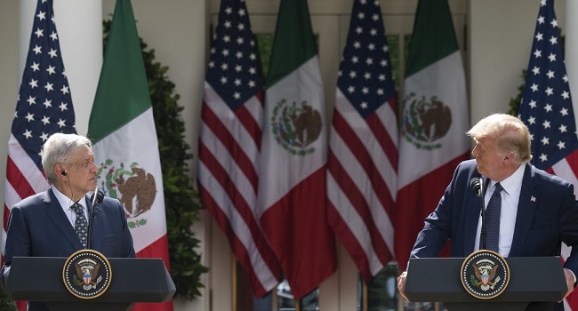 US President Donald Trump and Mexican President Andres Manuel Lopez Obrador hold a joint press conference in the Rose Garden of the White House on July 8, 2020, in Washington, DC. (Photo by JIM WATSON / AFP)