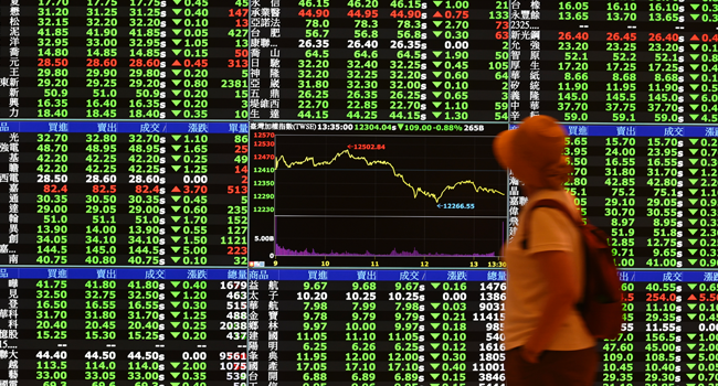 A woman walks past a screen showing information and the index of the Taipei Stock Exchange on July 24, 2020. Sam Yeh / AFP