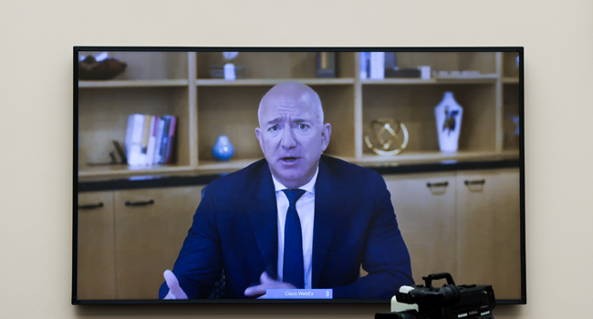 Amazon CEO Jeff Bezos testifies via video conference during the House Judiciary Subcommittee on Antitrust, Commercial and Administrative Law hearing on Online Platforms and Market Power in the Rayburn House office Building, July 29, 2020 on Capitol Hill in Washington, DC. Graeme Jennings-Pool/Getty Images/AFP