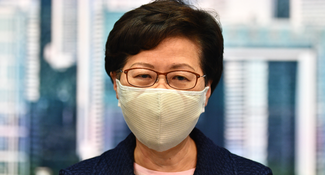 Hong Kong Chief Executive Carrie Lam speaks during a press conference at the government headquarters in Hong Kong on July 31, 2020. Anthony WALLACE / AFP