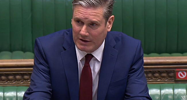 A video grab from footage broadcast by the UK Parliament's Parliamentary Recording Unit (PRU) shows Britain's main opposition Labour Party leader Keir Starmer speaking during Prime Minister's Question time (PMQs) in the House of Commons in London on July 22, 2020. JESSICA TAYLOR / PRU / AFP