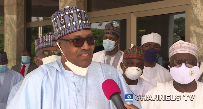 President Muhammadu Buhari spoke to reporters on July 31, 2020, after attending a Sallah service.