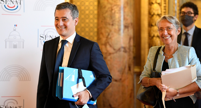 Darmanin (L) and French Labour Minister Elisabeth Borne arrive for the speech of French prime Minister as part of the French government declaration, followed by a debate, at the French Senate, in Paris, on July 16, 2020. Bertrand GUAY / AFP