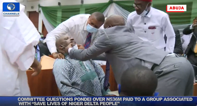 acting Managing Director of the NDDC,  Daniel Pondei, appears to slump during a Reps committee interrogation on July 20, 2020.