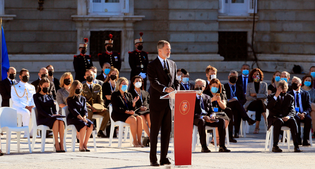 King Felipe VI of Spain delivers a speech during a state ceremony to honour the 28,400 victims of the coronavirus crisis as well as those public servants who have been fighting on the front line against the pandemic in Spain, on July 16, 2020, at the Royal Palace in Madrid. Fernando Alvarado / POOL / AFP