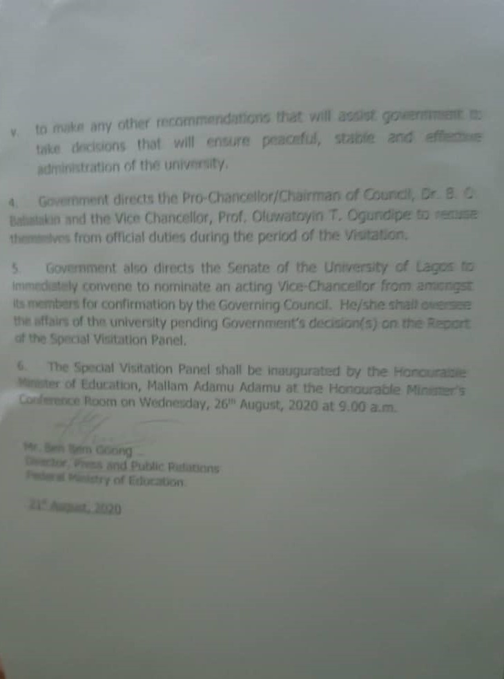 Federal Ministry of Education Press Release on August 21, 2020, over University of Lagos Crisis