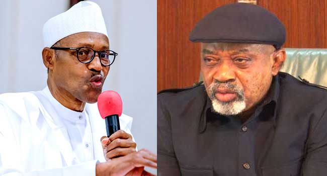 A file photo combination of President Muhammadu Buhari and Minister of Labour and Employment Chris Ngige.