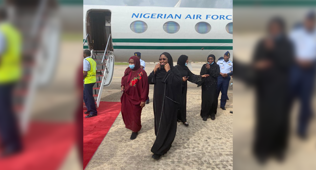 This picture, released on August 22, 2020, shows the First Lady, Aisha Buhari, arriving the country from Dubai.