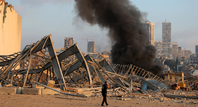 A picture shows the scene of an explosion near the port in the Lebanese capital Beirut on August 4, 2020. STR / AFP