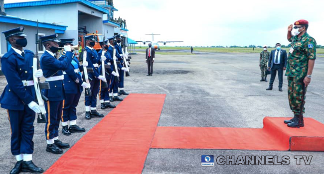 The Chief of Air Staff, Air Marshal Sadique Abubakar, salutes during a trip to Benin-city on August 29, 2020.