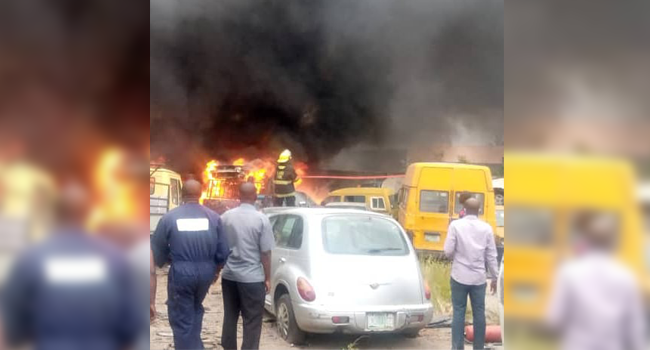 A total number of ten cars and one trailer were razed by the fire at the LASTMA office in Lagos on August 14, 2020.