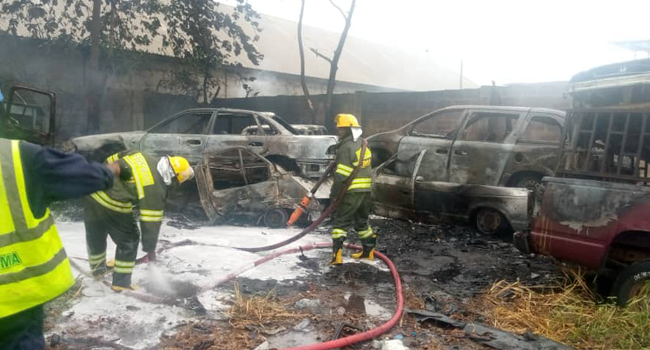 A total number of ten cars and one trailer were razed by the fire at the LASTMA office in Lagos on August 14, 2020.