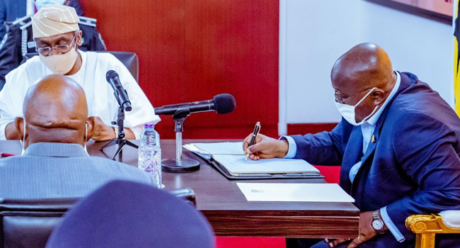 Speaker of the House of Representatives and President of Ghana, Nana Akufo Ado, discuss bilateral relations on September 3, 2020.