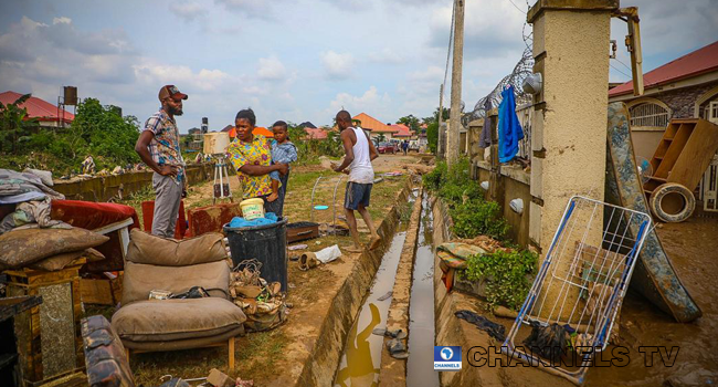 Trademoore Estate, Lugbe, Abuja was flooded after a torrential rainfall on August 26, 2020. Photos: Sodiq Adelakun/ Channels Television