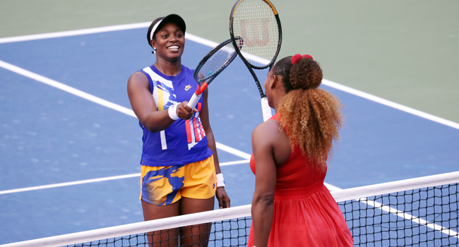  Sloane Stephens of the United States greets Serena Williams of the United States at the net after their Womenâ€™s Singles third round match on Day Six of the 2020 US Open at USTA Billie Jean King National Tennis Center on September 05, 2020 in the Queens borough of New York City. Al Bello/Getty Images/AFP