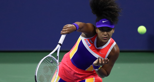Naomi Osaka of Japan serves during her Womens Singles fourth round match against Anett Kontaveit of Estonia on Day Seven of the 2020 US Open at the USTA Billie Jean King National Tennis Center on September 6, 2020 in the Queens borough of New York City. Matthew Stockman/Getty Images/AFP