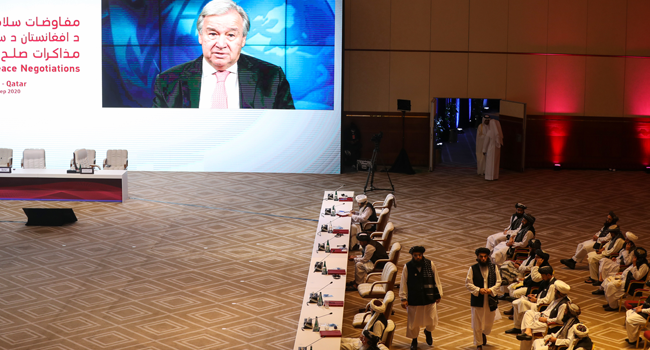 UN Secretary General Antonio Guterres delivers a speech, via video call, during the opening session of the peace talks between the Afghan government and the Taliban in the Qatari capital Doha on September 12, 2020. KARIM JAAFAR / AFP