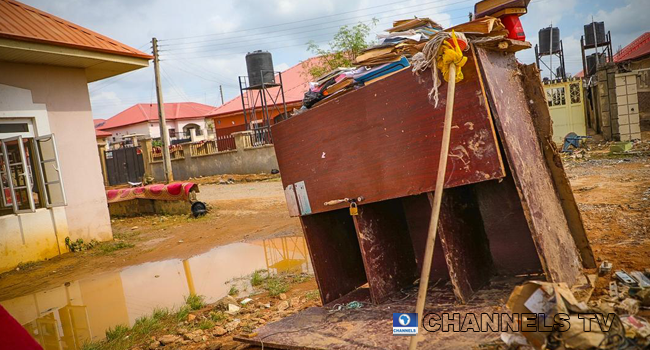 Trademoore Estate, Lugbe, Abuja was flooded after a torrential rainfall on August 26, 2020. Photos: Sodiq Adelakun/ Channels Television