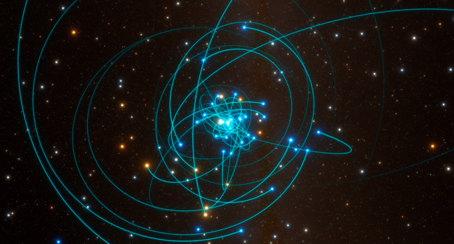 This handout image released by the European Southern Observatory (ESO) on October 6, 2020 shows shows the orbits of stars very close to the supermassive black hole at the heart of the Milky Way.  European Southern Observatory / AFP