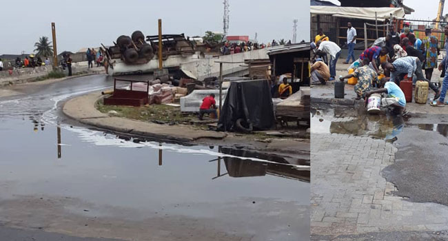 fuelladen-tanker-falls-at-festac-link-bridge-residents-scoop-fuel