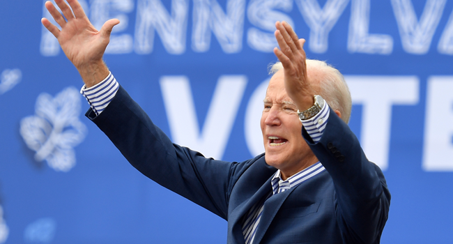 In this file photo taken on October 24, 2020, Democratic presidential candidate Joe Biden speaks at a drive-in rally on the Bucks County Community College's Lower Bucks campus in Bristol, Pennsylvania. Angela WEISS / AFP