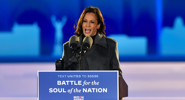 Democratic vice presidential nominee Sen. Kamala Harris (D-CA) speaks at a drive-in election eve rally on November 2, 2020 in Philadelphia, Pennsylvania. Mark Makela/Getty Images/AFP