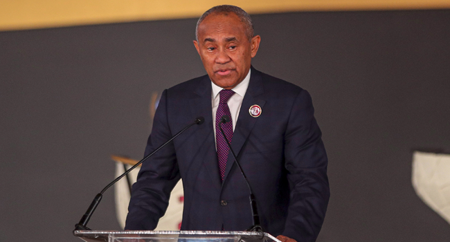 ) In this file photo taken on January 21, 2020 Ahmad Ahmad, President of the Confederation of African Football, speaks during the CAF draw, for the second round of Confederation of African Football (CAF) matches for 2022 FIFA World Cup qualification, in the Egyptian capital Cairo. Mohamed el-Shahed / AFP